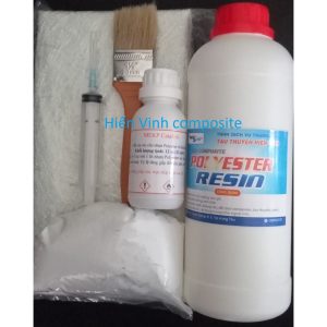 Combo 1kg keo composite (polyester), 1m sợi thủy tinh, xúc tác, bột đá, xilanh, cọ, chất chống rít mặt